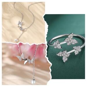 925 Sterling Silver Butterfly Necklace & Ring Set Bundle